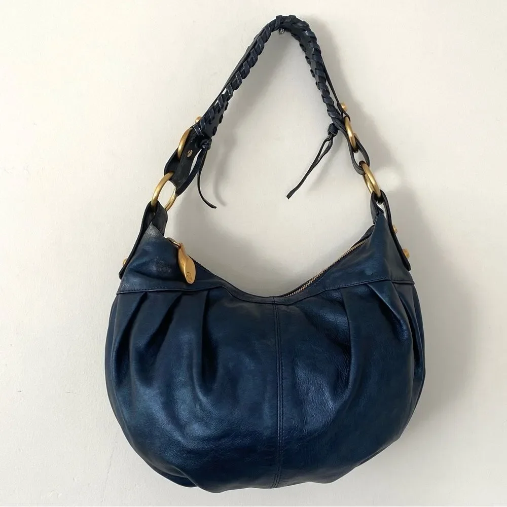 Francisco Biasia Elegant Navy Leather Hobo Bag Gold Tone Hardware Made in Italy