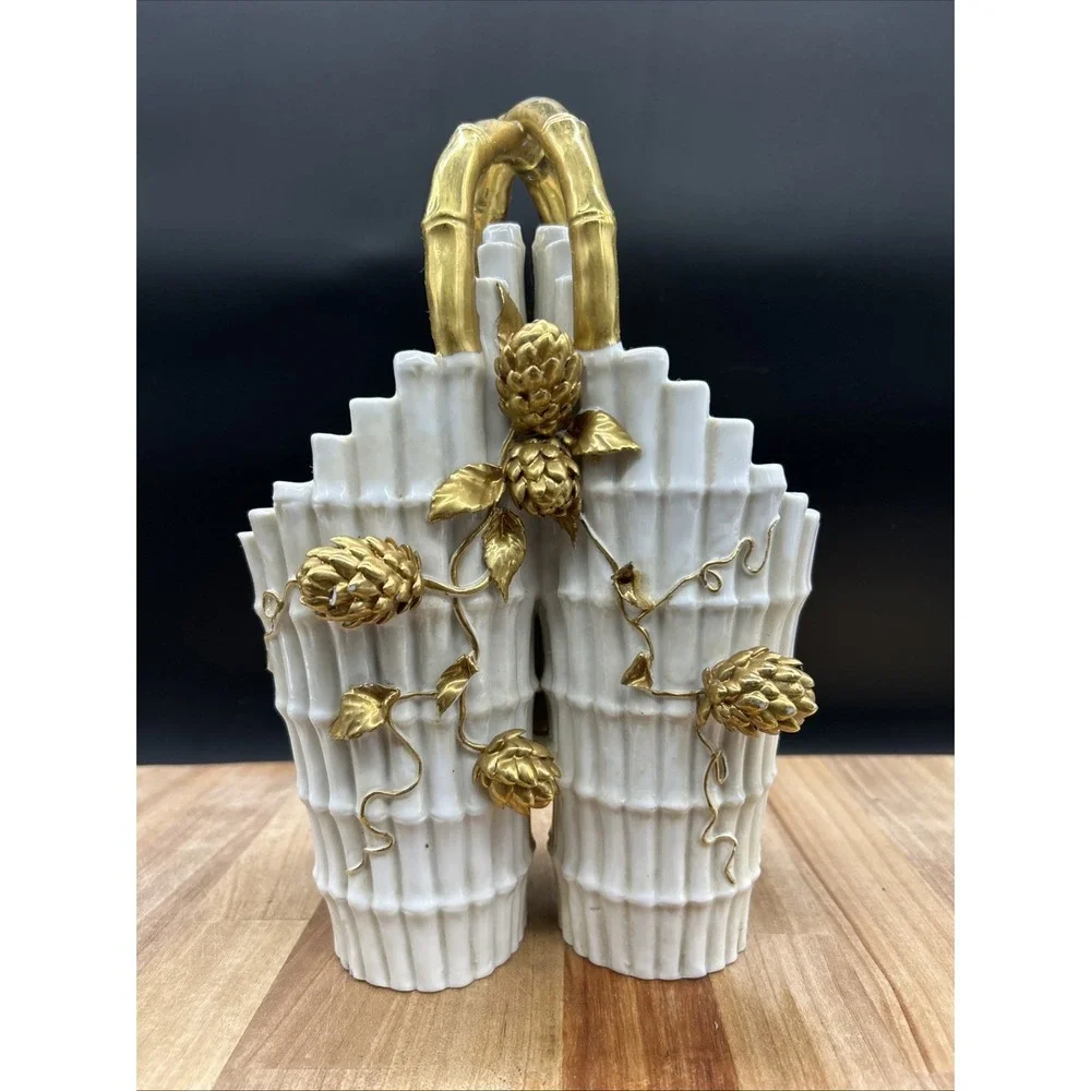 Royal Worcester Aesthetic 1800s Ivory & Gold  Bamboo Porcelain Double Vase