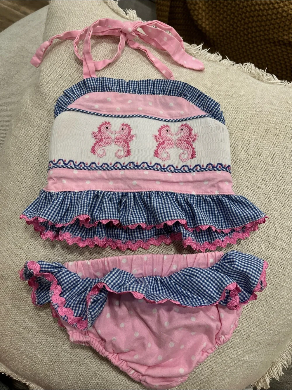 Girls Pink & Navy Ruffle Bib-Style Swim Set with Seahorse Embroidery