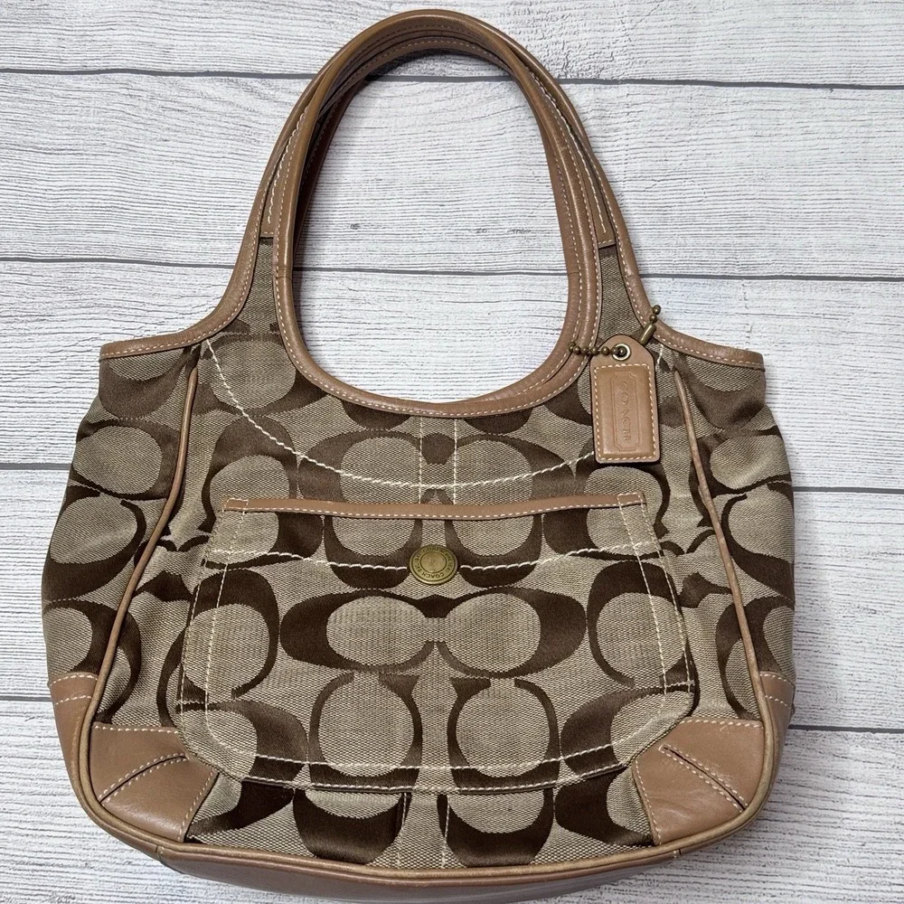 Coach Ergo Signature Tote Hobo Bag 10766 Brown Tan Canvas Signature Brass Y2K