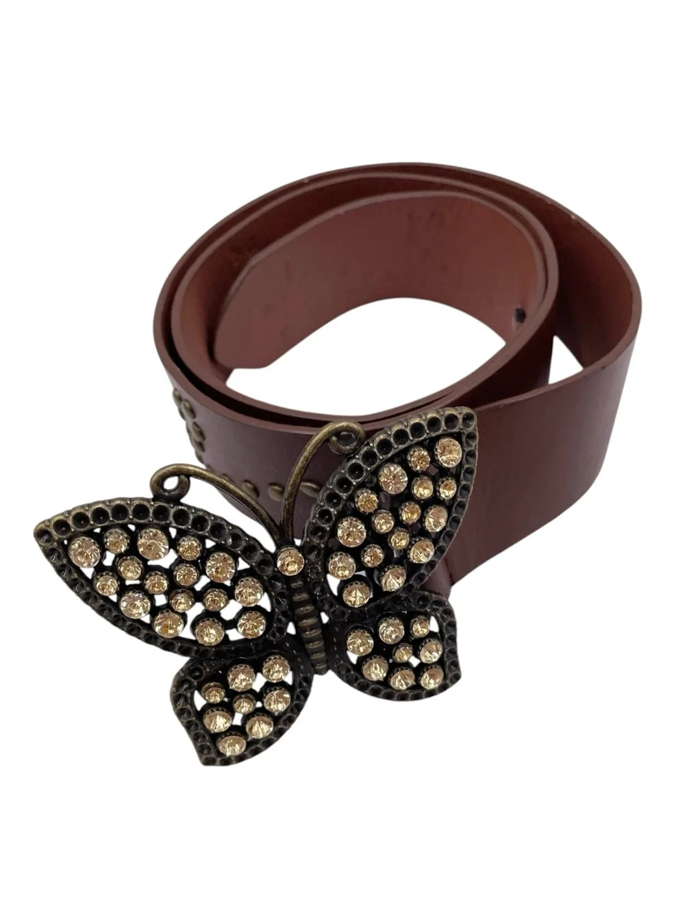 Vintage 90s Y2K Rhinestone Butterfly Buckle Belt Fairycore Boho Studded Jewels
