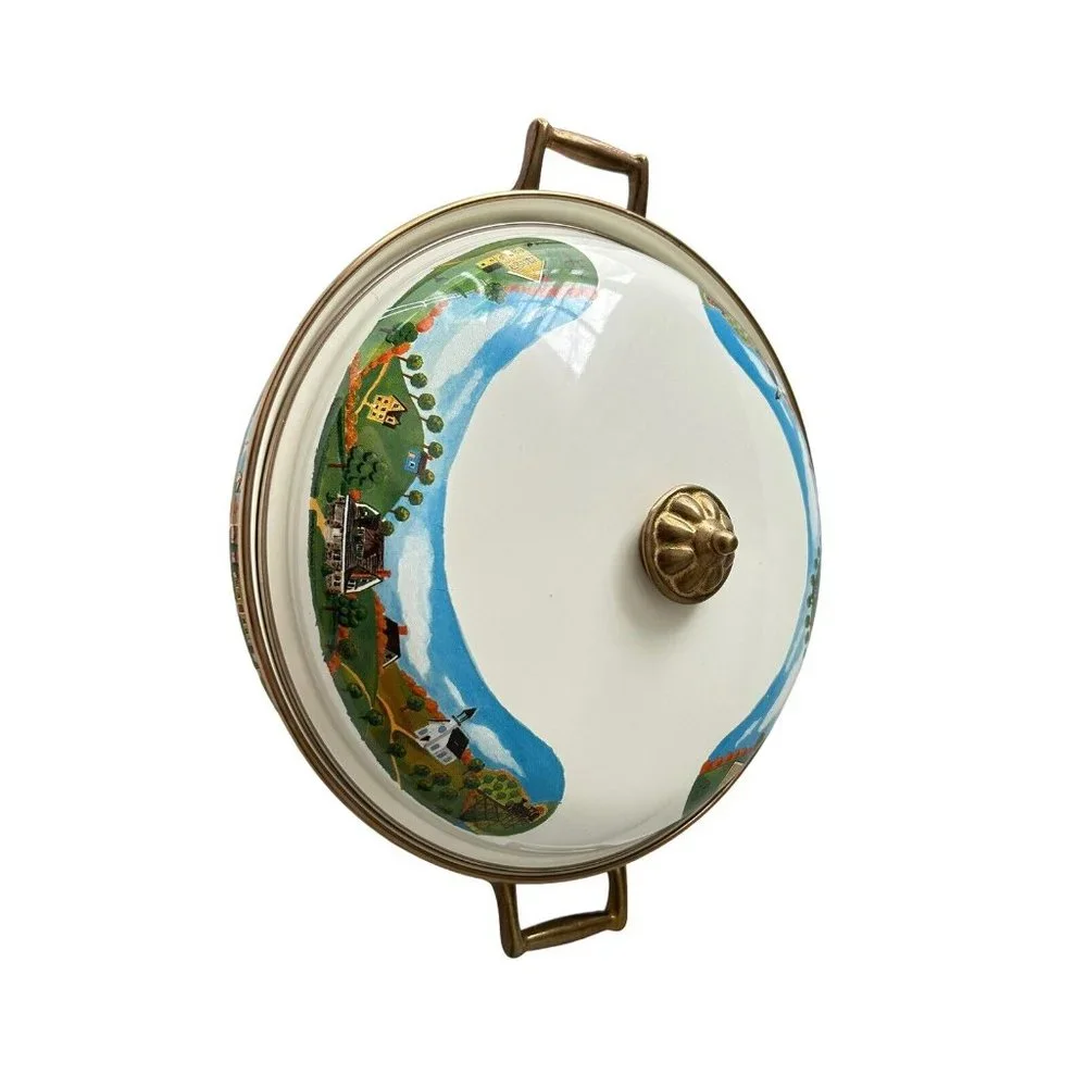 VINTAGE Enamelware RARE VILLAGE SCENE‎ Brass Handles new