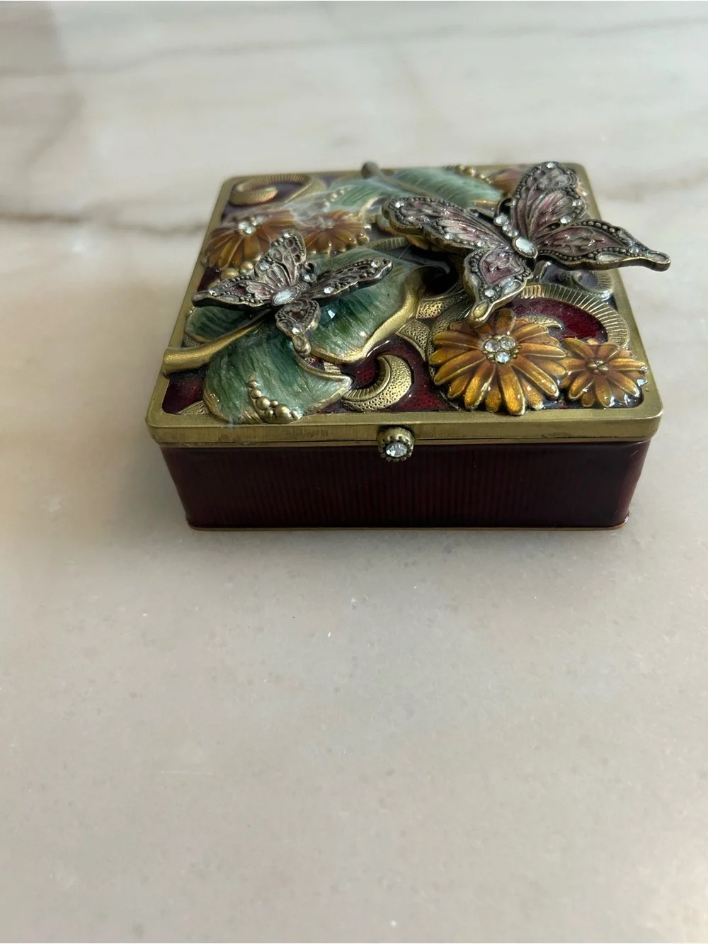 The Bombay Company Enameled Trinket Jewelry Box Mirror Velvet Interior Vintage