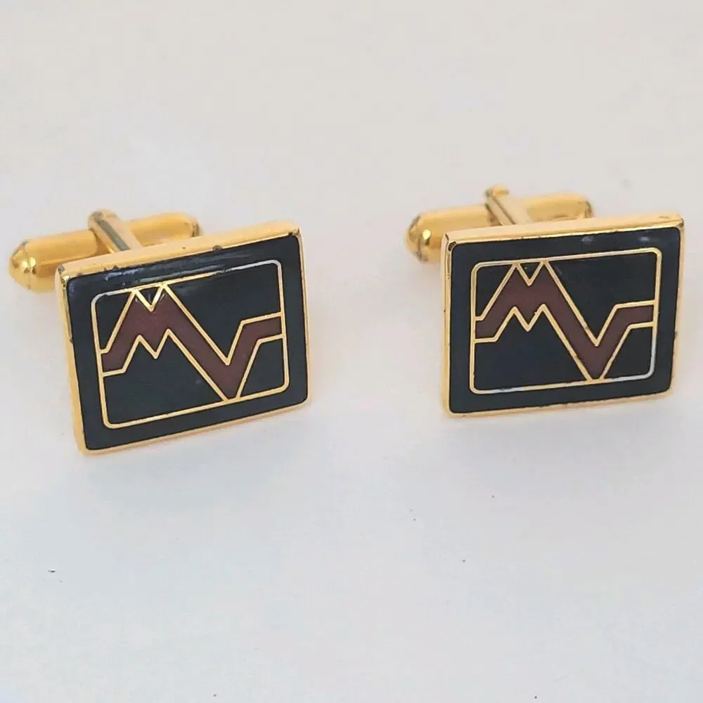 Mario Valentino MV Gold Black Red Tone Rectangle Logo‎ Cufflinks Designer Retro