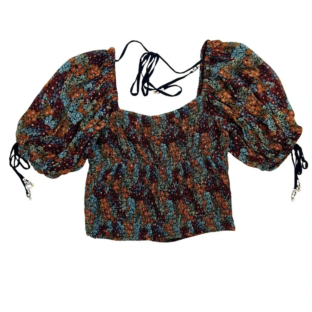 Free People Floral Smocked Puff Sleeve Crop Top Multi‎ Color OB1505273 Womens M