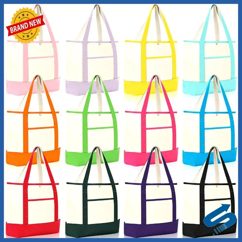 Reusable Canvas Tote Bags Bulk Pack with Pockets Handles Shopping Minimal