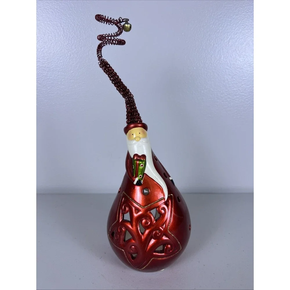 Pier 1 Santa Claus Tea Light Candle Holder Metallic Red Ceramic Figurine Bell