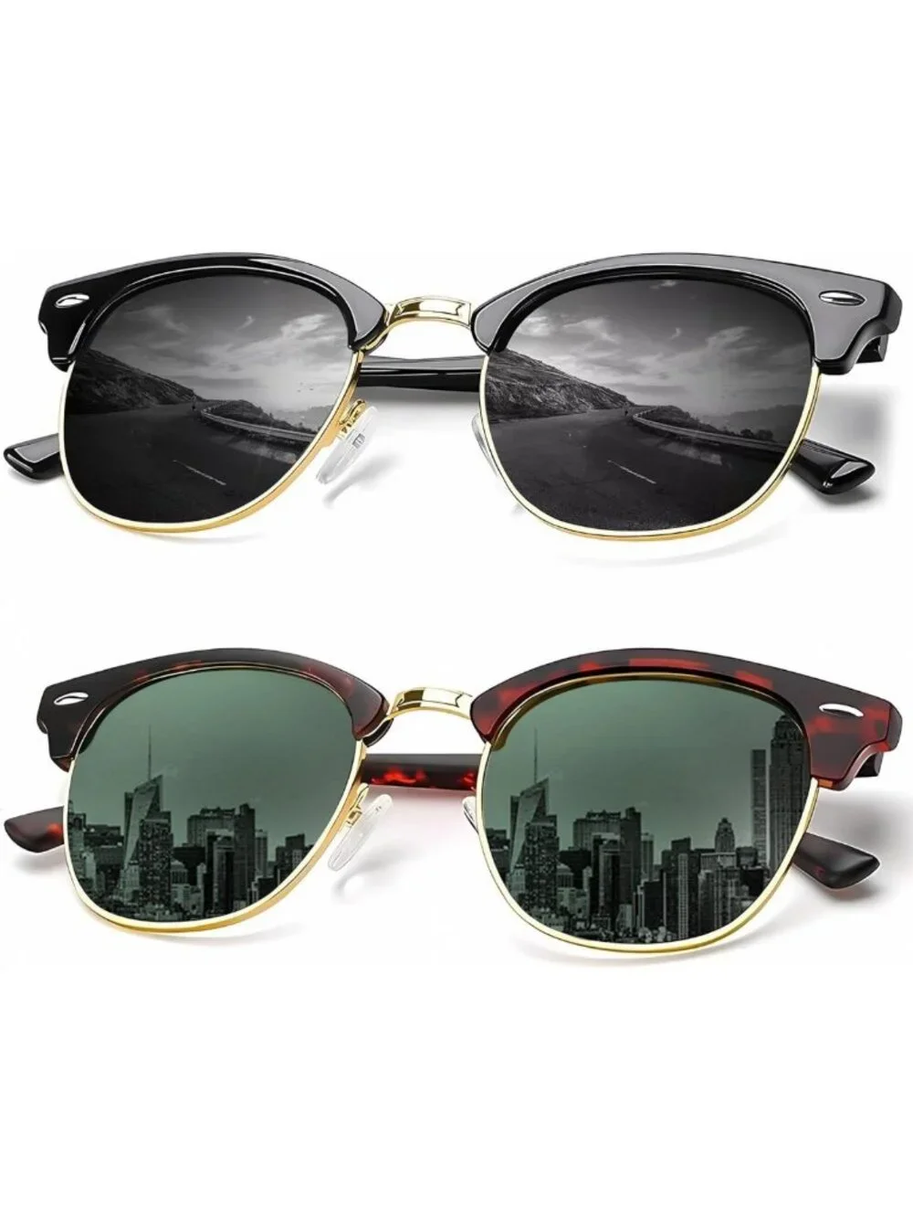 Polarized Semi-Rimless Sunglasses for Men & Women - Retro UV Protection Driving