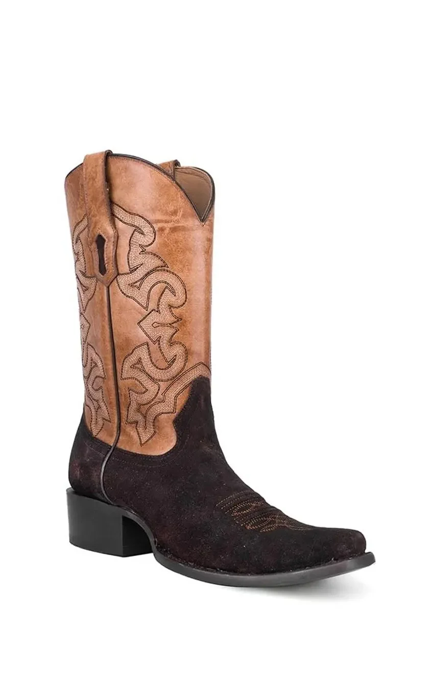 CORRAL MENS BROWN SAND SUEDE EMBROIDERY HORSEMAN TOE CORRAL