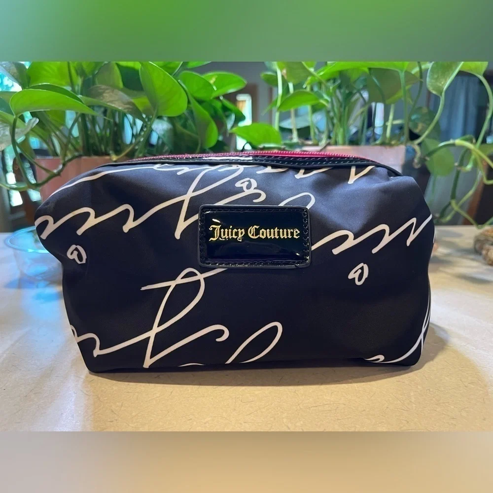 Juicy Couture Cosmetic Bag-Black with White Lettering and Pink Closure Zipper