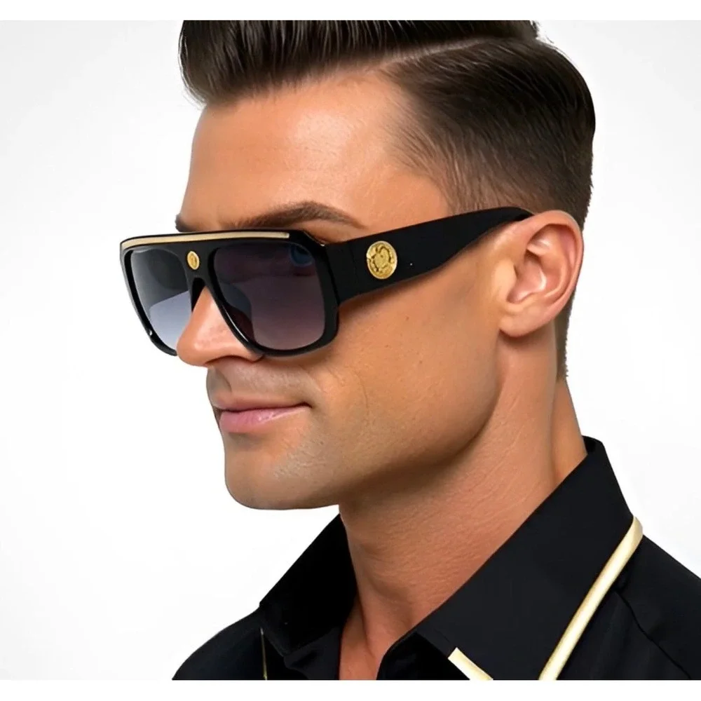 Men‎ Sunglasses Gradient Black Lens Gold Top Bar UV400 Protection Cholo Gangster