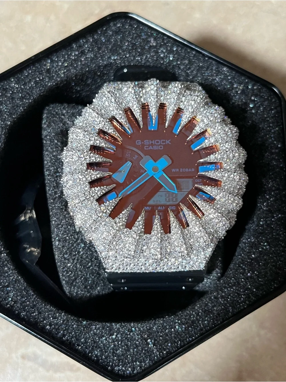G-Shock Silver Iced Bezel Watch with Brown Dial and Blue Hands