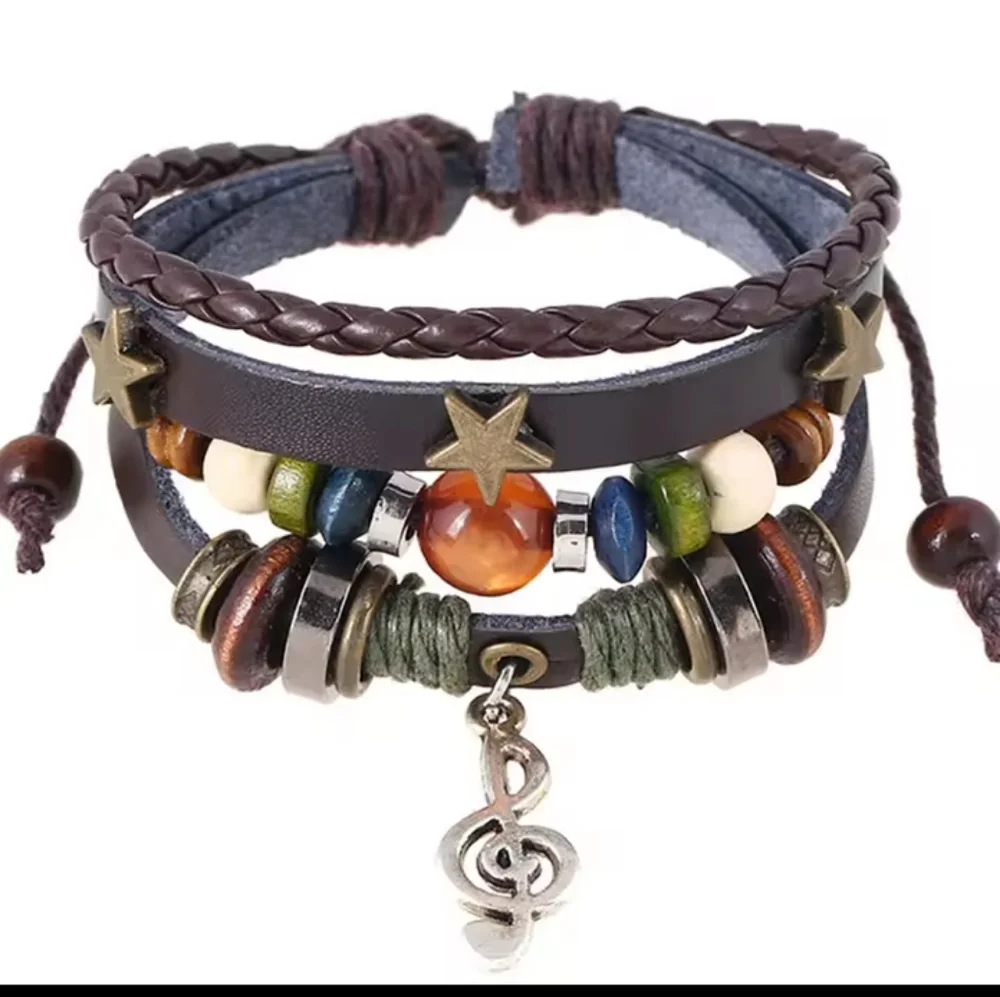 Men's Bracelet Leather Braided Layered Brown Music‎ New f41