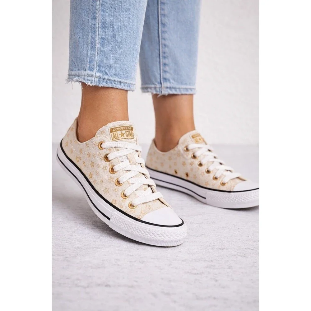 Converse Chuck Taylor All Star Low Top Cream Gold Star Print Sneakers Girls...