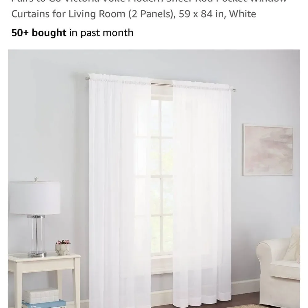 4 panels Victoria Voile white Sheer Rod Pocket Window Curtains measures 38”x87”