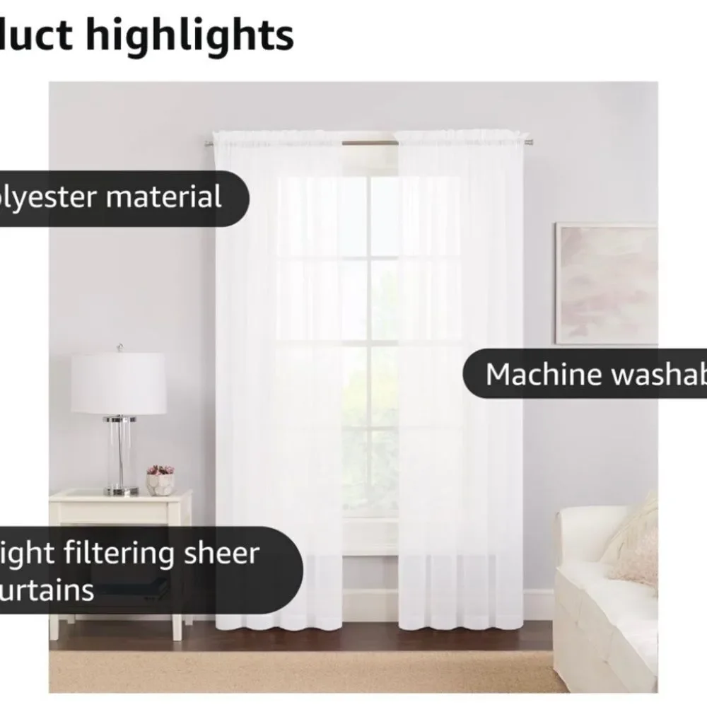 4 panels Victoria Voile white Sheer Rod Pocket Window Curtains measures 38”x87”