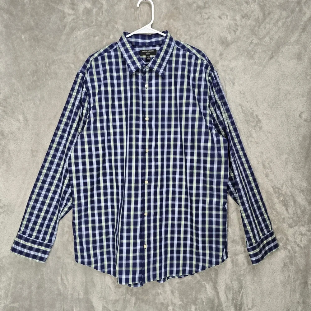 Banana Republic Mens Non Iron Slim Fit‎ Plaid Dress Shirt XXL Career Office Prep