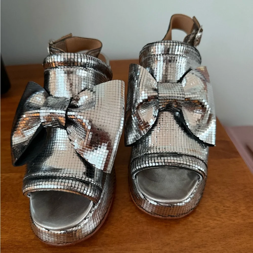 John Fluevog Silver Metallic Platform Slingback Sandals