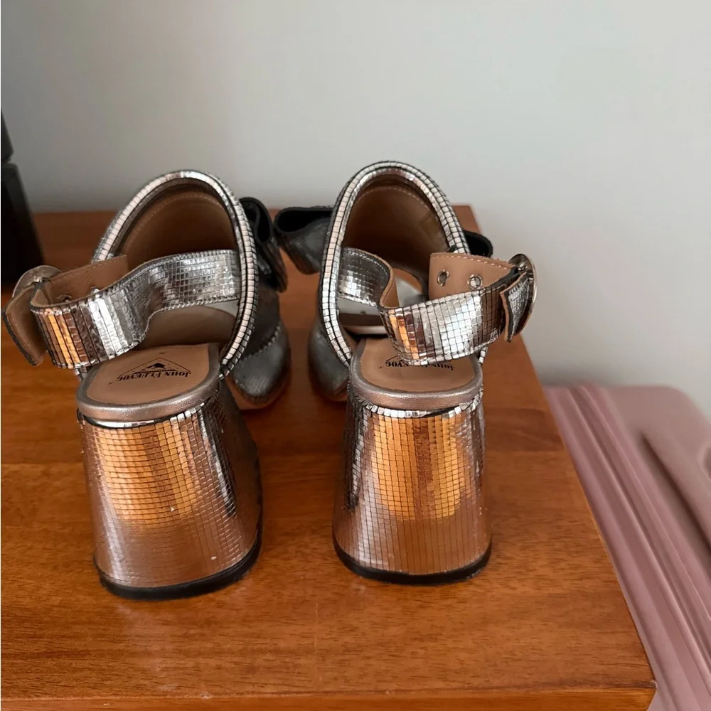 John Fluevog Silver Metallic Platform Slingback Sandals