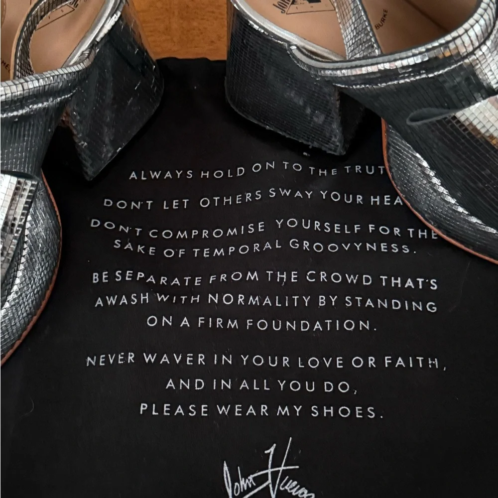 John Fluevog Silver Metallic Platform Slingback Sandals