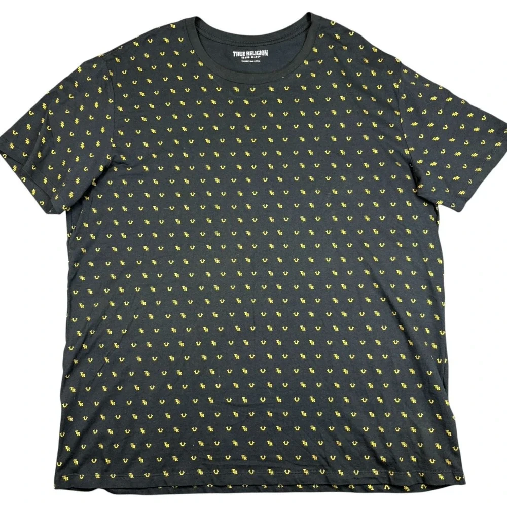 True Religion Short Sleeve Tee T-Shirt Mens 3XL Black All‎ Over Logo Monogram