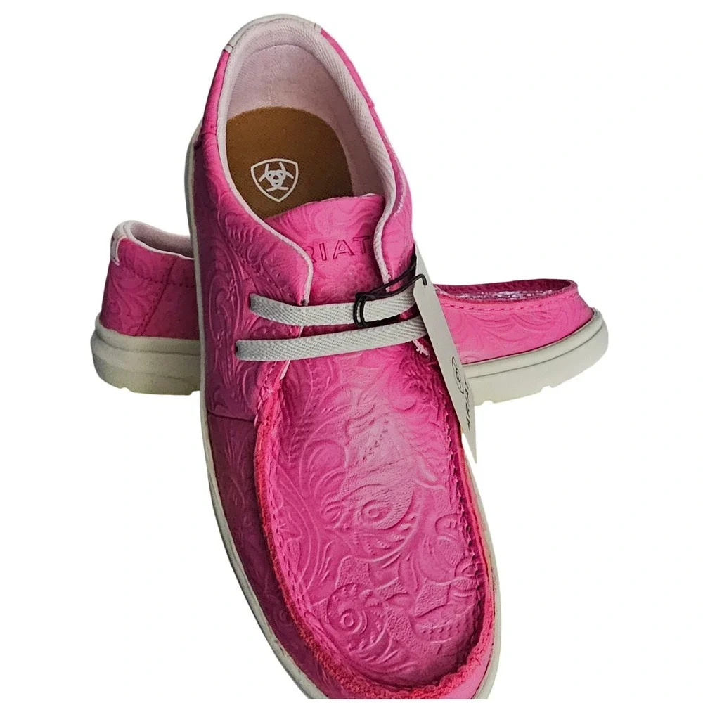 Ariat Hilo Kids Pink Embossed Leather Floral Loafers NEW US 4M