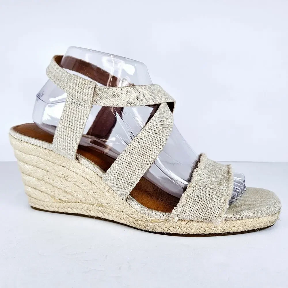 Lucky Brand Maeli Beige‎ Gold Strappy Espadrille Wedge Sandals Size 10M