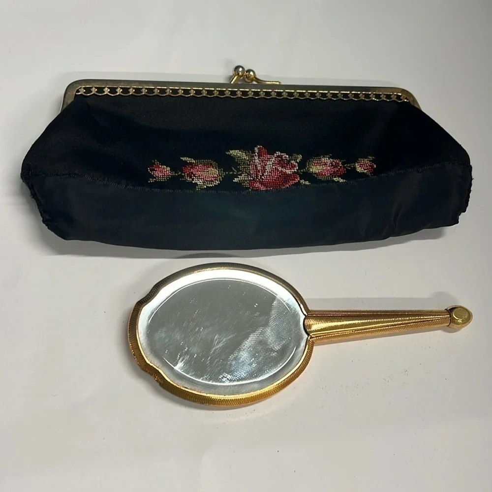 Vintage Petit Point Kisslock Snap Clutch w/Hand Mirror