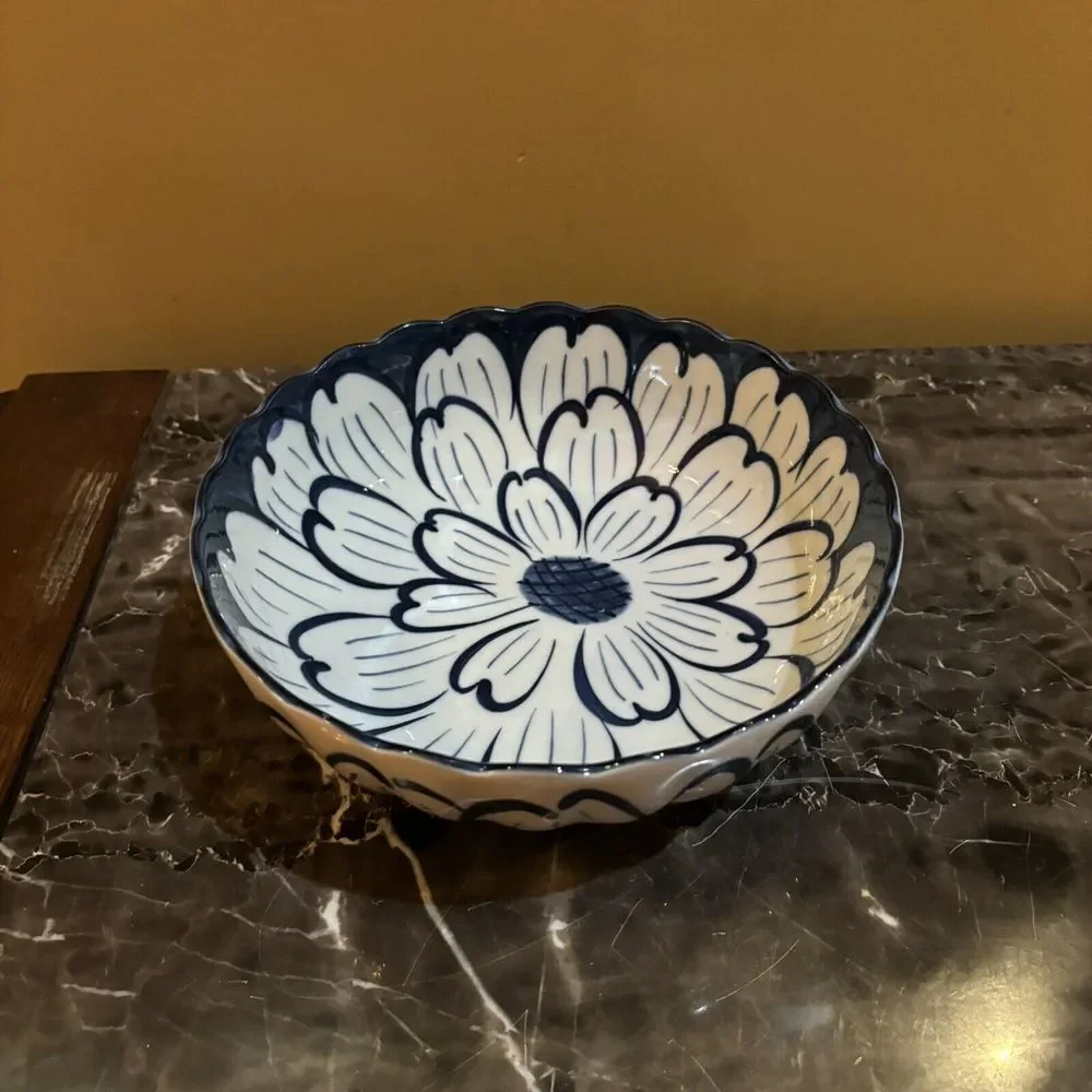 Pier 1 Japan Vintage‎ Blue and White Floral Serving Bowl chrysanthemum floral 8