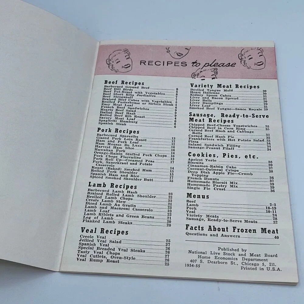 Meet recipes to please ! Vintage ephemeral Small cookbook with menus. 1954-55