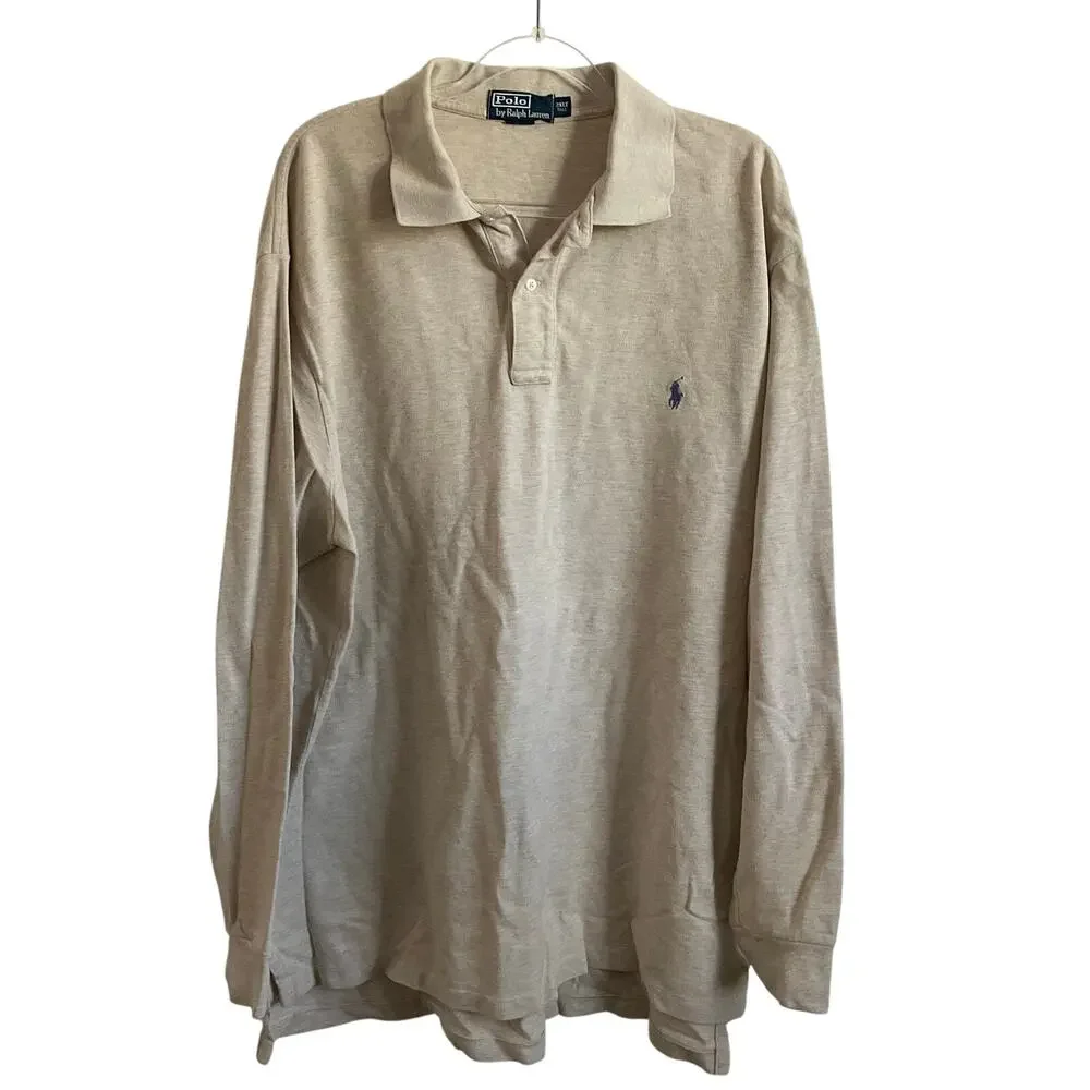 Polo Ralph Lauren Men’s 90s/Y2K Vintage‎ Long Sleeve Cream Polo - Size 2XT