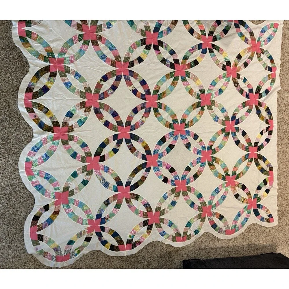 Vtg Double Wedding Ring Quilt Top Unfinished Scrappy Pink Accent 84