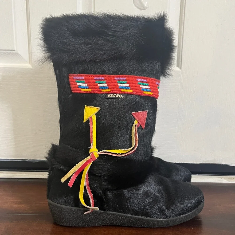 Oscar Sport Pony Hair Fur Boots Womens 40 Black‎ Excellent Apres Ski Italy Boho