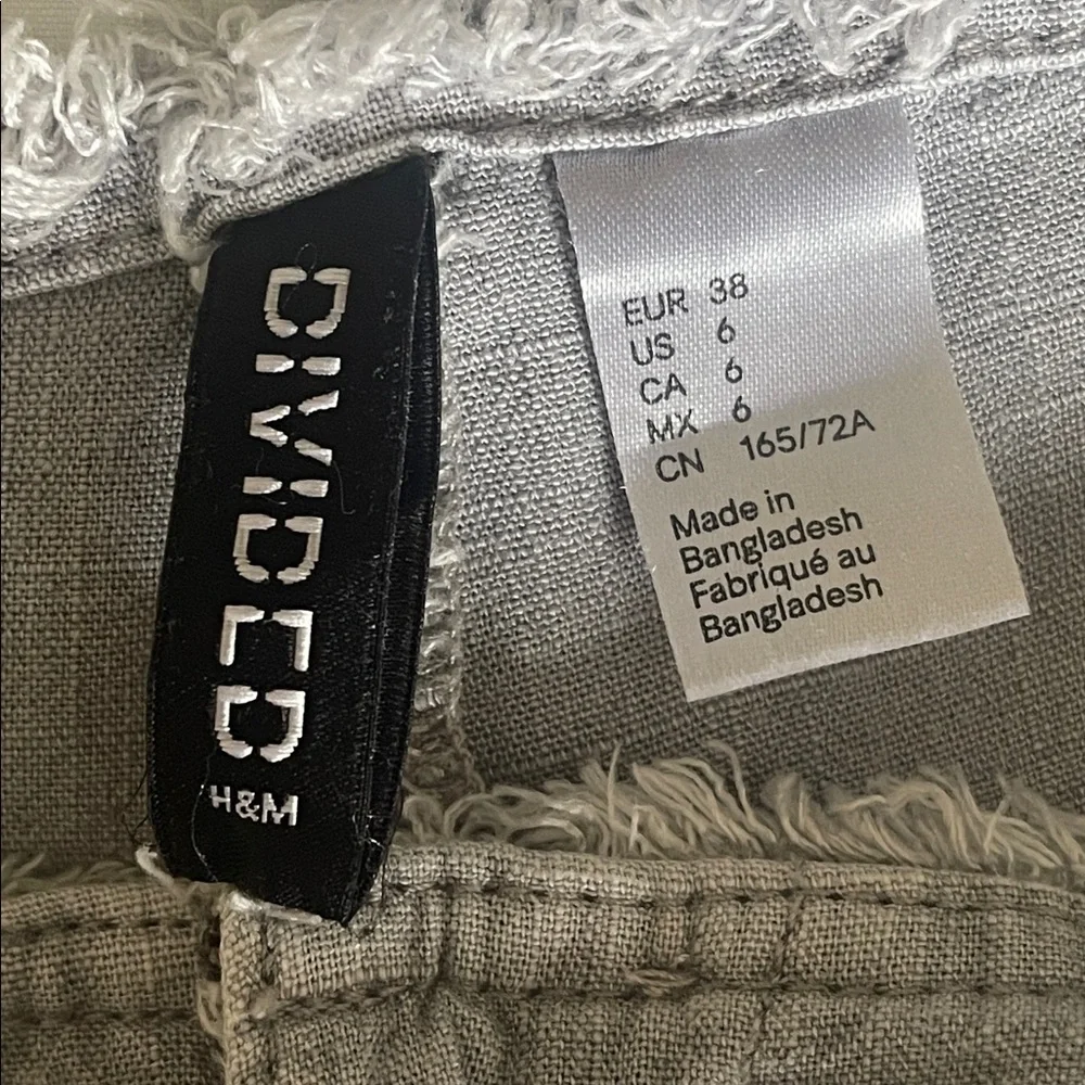 H&M Divided Light Gray Linen Blend Frayed-Hem Wide Leg Pants Back Pockets Size 6