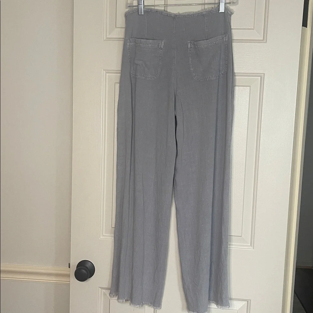 H&M Divided Light Gray Linen Blend Frayed-Hem Wide Leg Pants Back Pockets Size 6