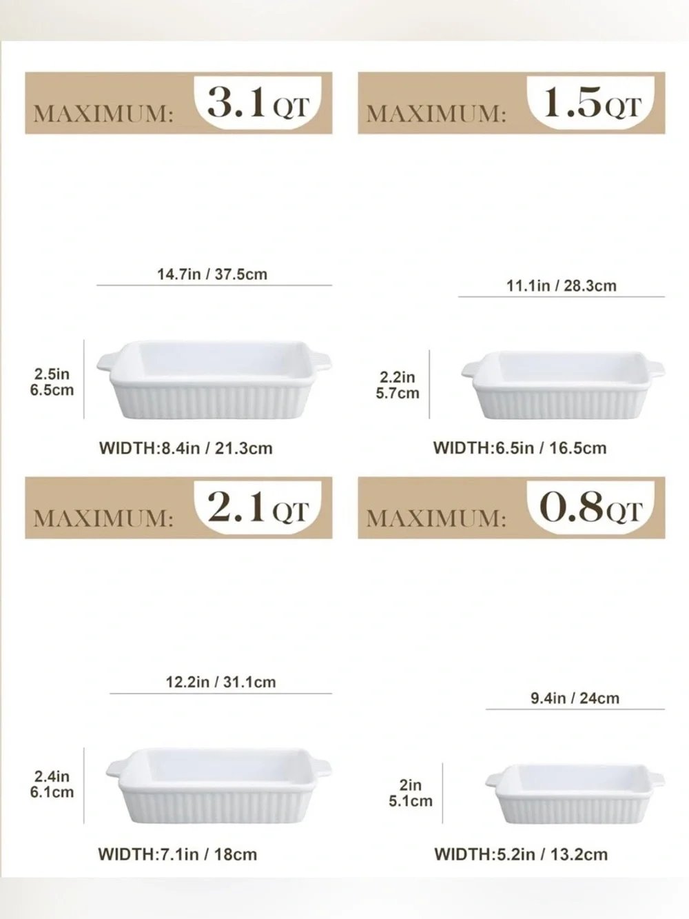 MALACASA White Ceramic Casserole Baking Dishes - Set of 4 (NWT)