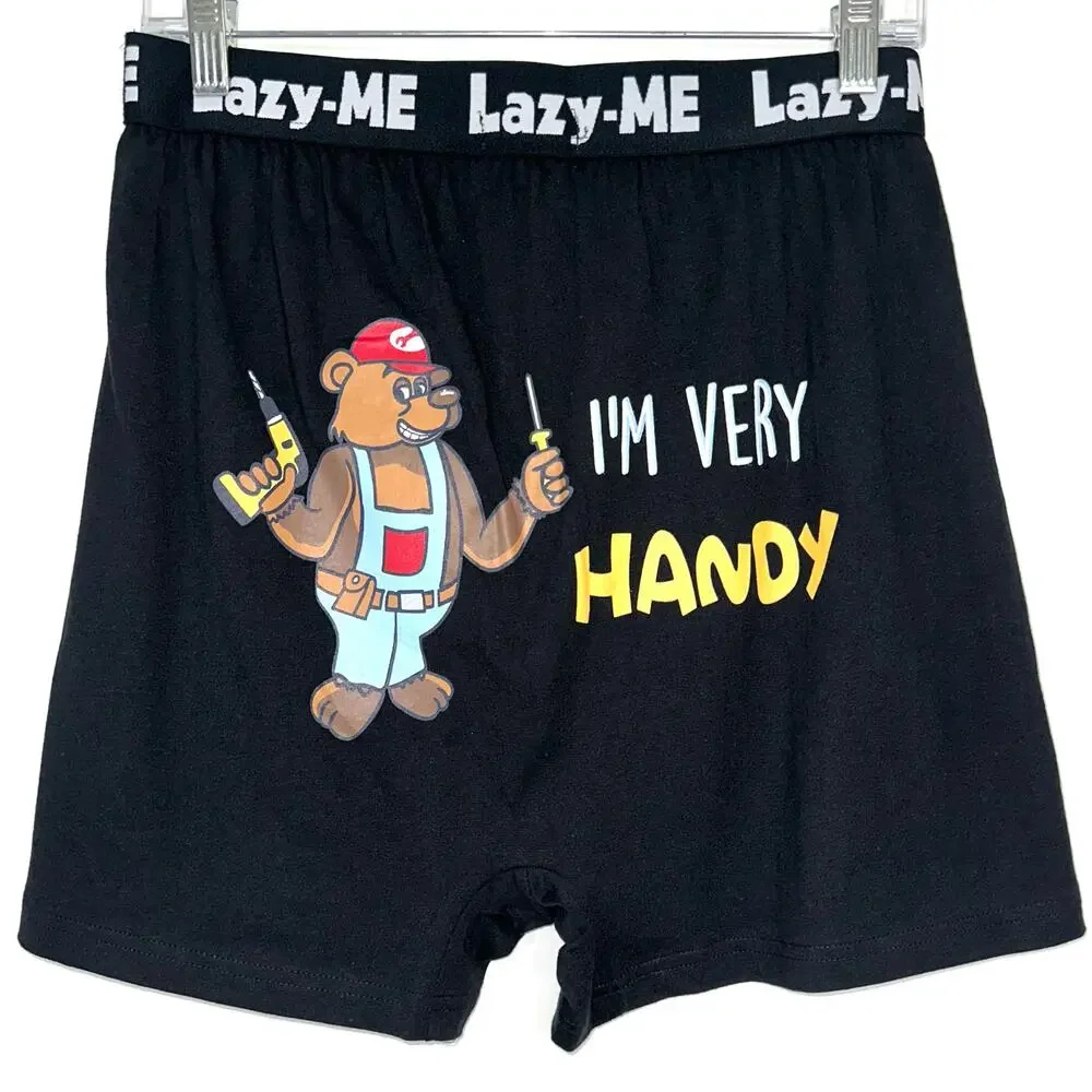 NWT Lazy-Me Men's Funny Novelty 'I'm Very Handy' Black Cotton Boxers Size M