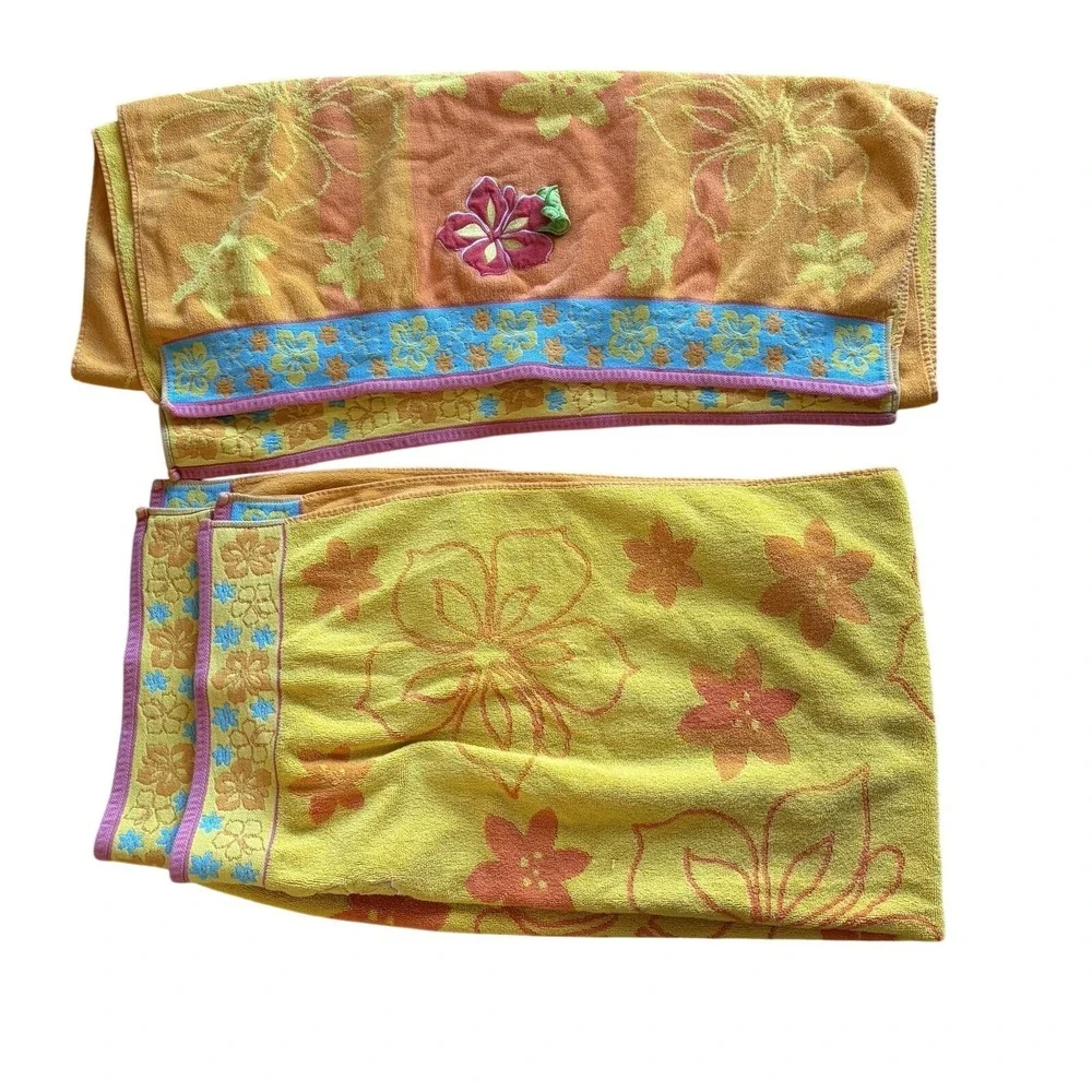 2 Vintage 90s Hibiscus Beach Towels Multicolor Embroider Appliqué Tropical‎ Boho