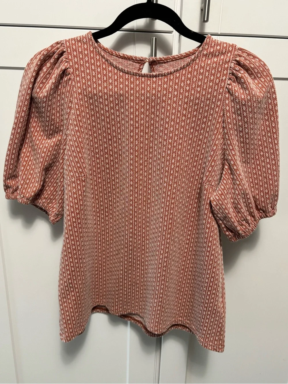Madewell Puff Sleeve Rust White Stripe Geo Patterned Woven Stretch Blouse EUC