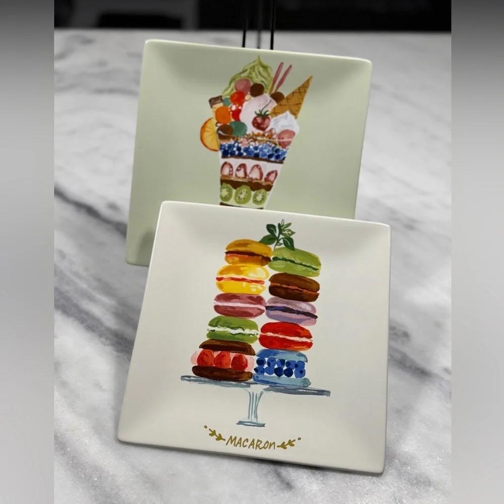 Pier 1 Porcelain Dessert Plates X 2 Pastel Plates w/Colorful Desserts Indonesia