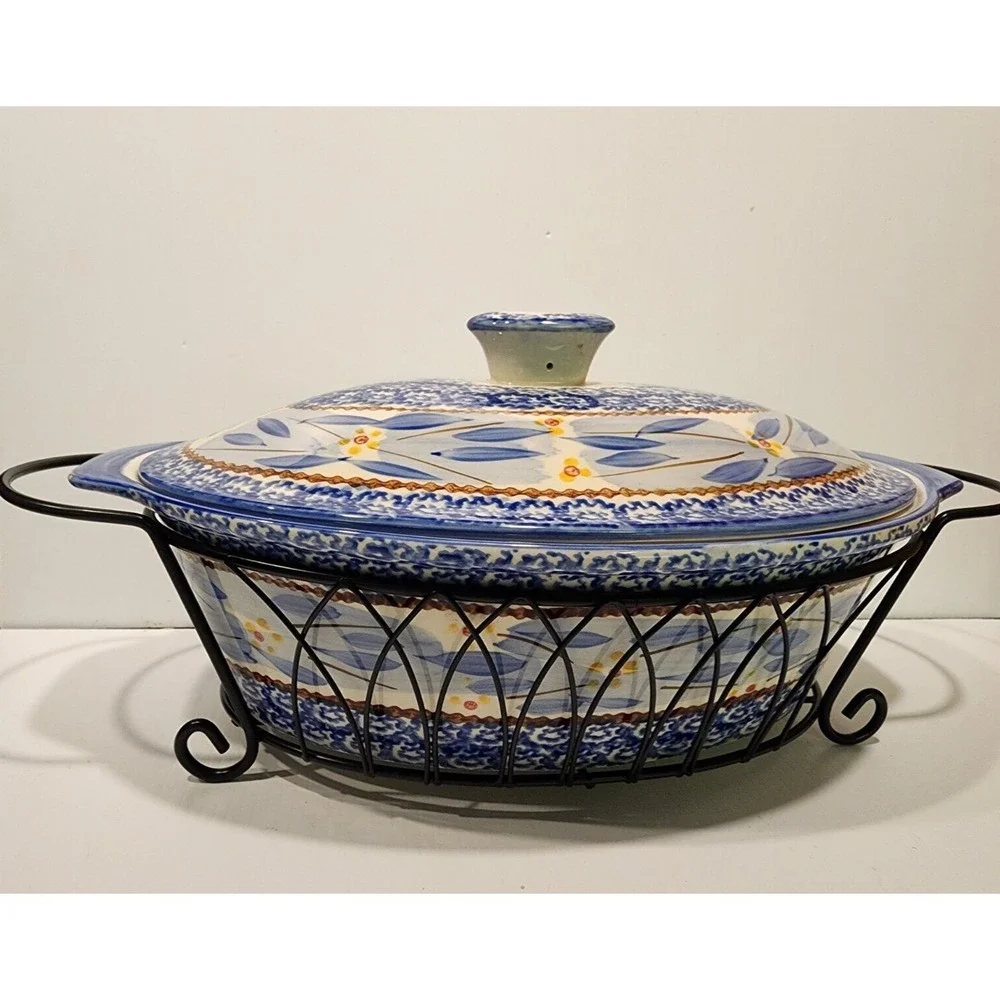 Temp-Tations Old World Blue  Oval 3.5‎ qt Casserole Dish with Lid  & Rack