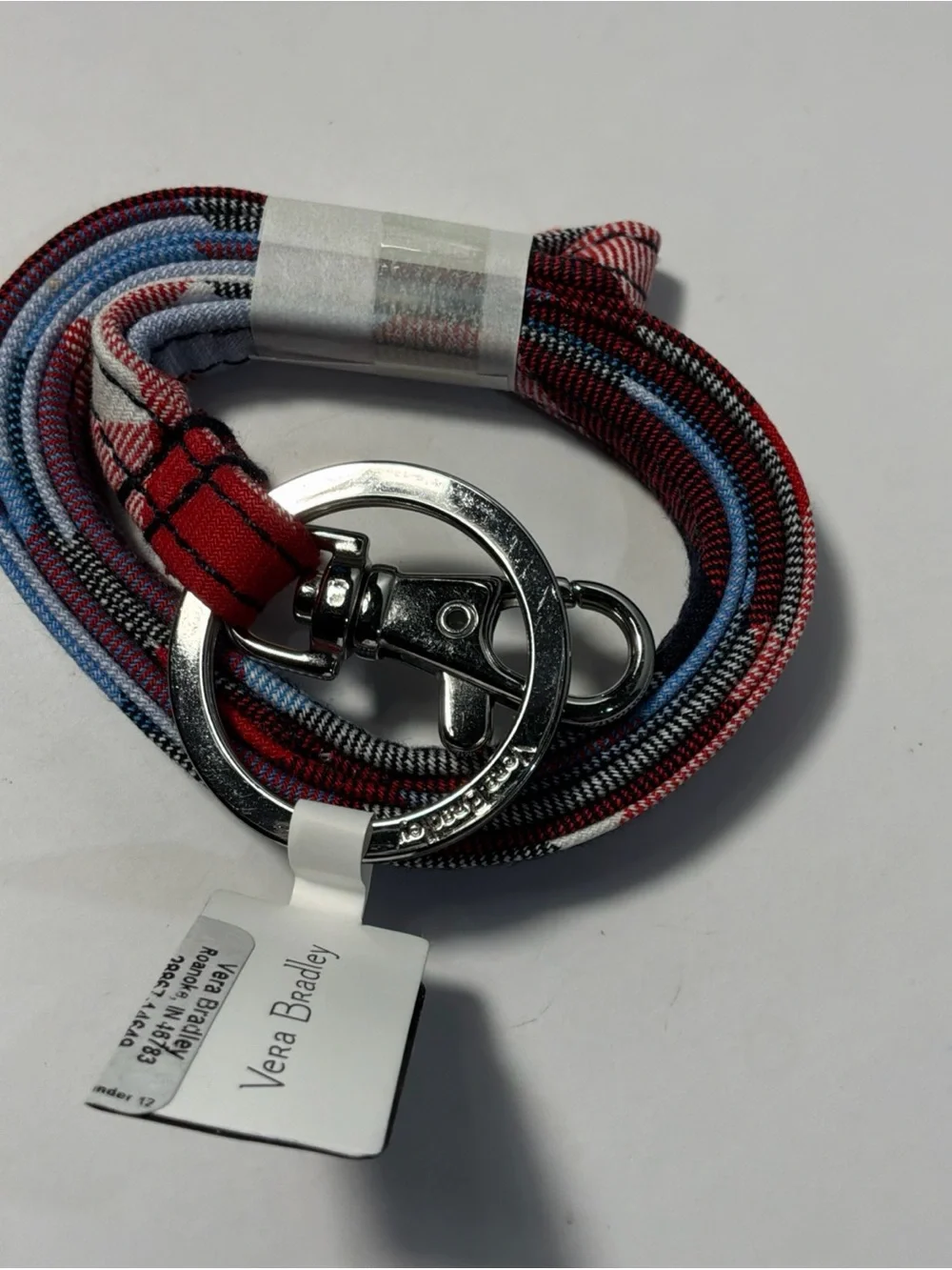 NWT Vera Bradley Lanyard w/ Ring and Lobster Clip Patriot Red Plaid Blue White