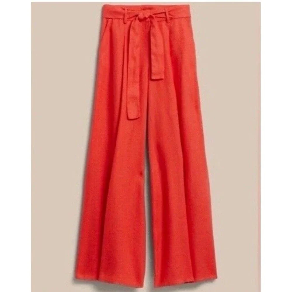 Banana Republic High Rise Wide Leg Linen Pants 12 Palazzo Sedona Coral Orange