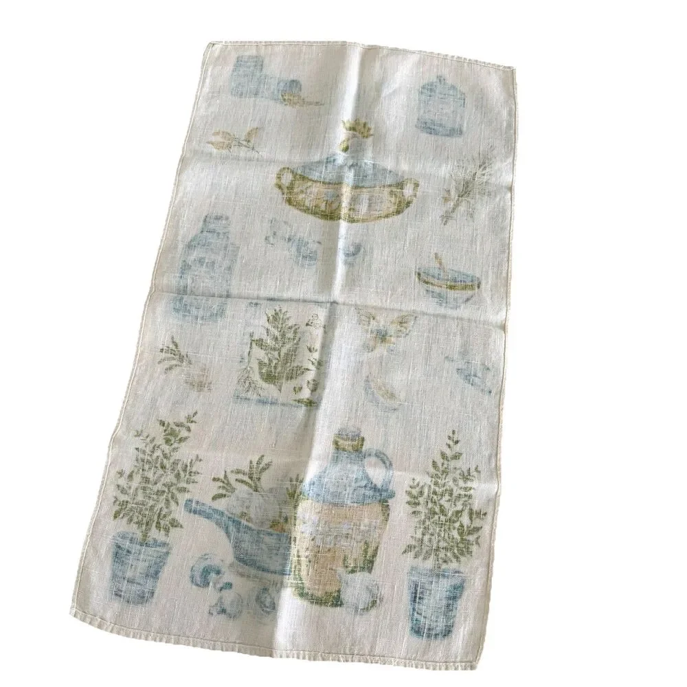 Vintage Rooster Mushrooms Canisters Linen Tea Towel Turquoise Harvest Gold Green