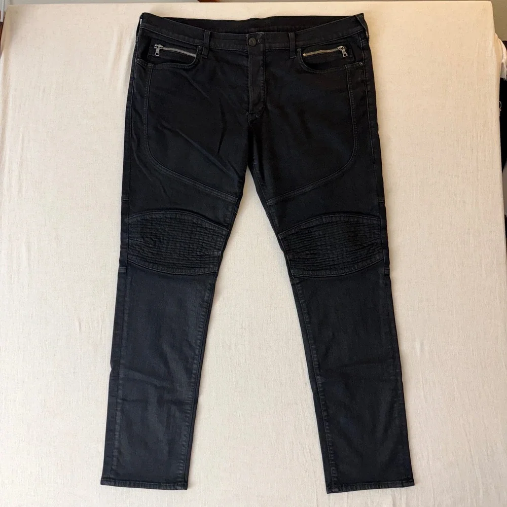True Religion Geno Jeans Mens 42 Black Moto Biker Relaxed Slim Fit Stretch USA