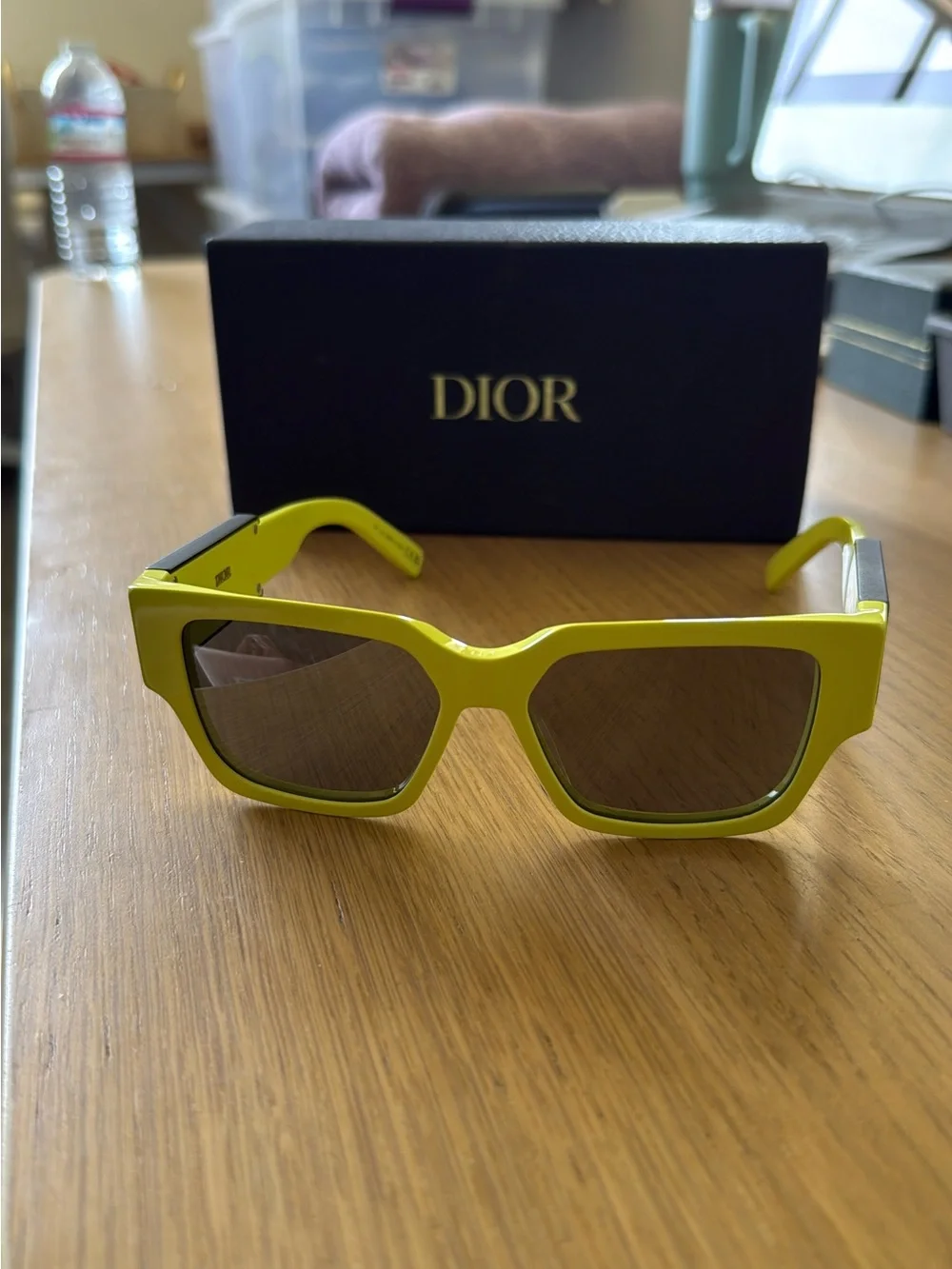 Dior Neon yellow Rectangular Logo Temple Sunglasses