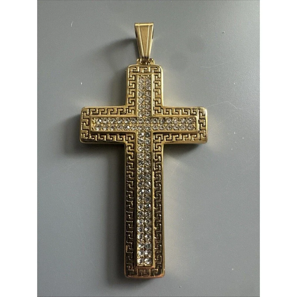 Cross Pendant Cubic Zirconia 24” Chain Gold Plated Religious Faith Gift Unisex