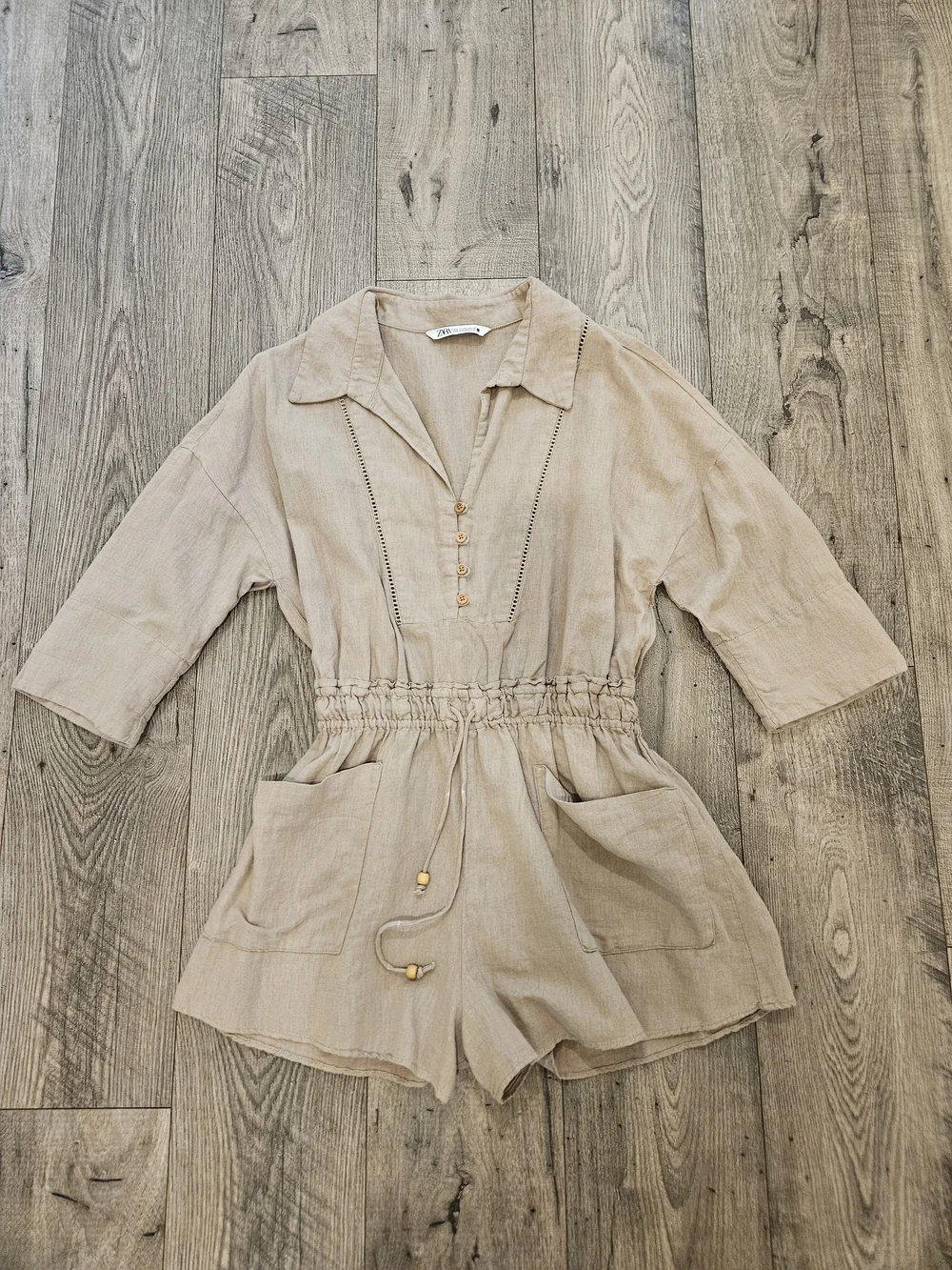Zara Beige Linen Blend Safari Boho Short Sleeve Drawstring Romper Sz. M