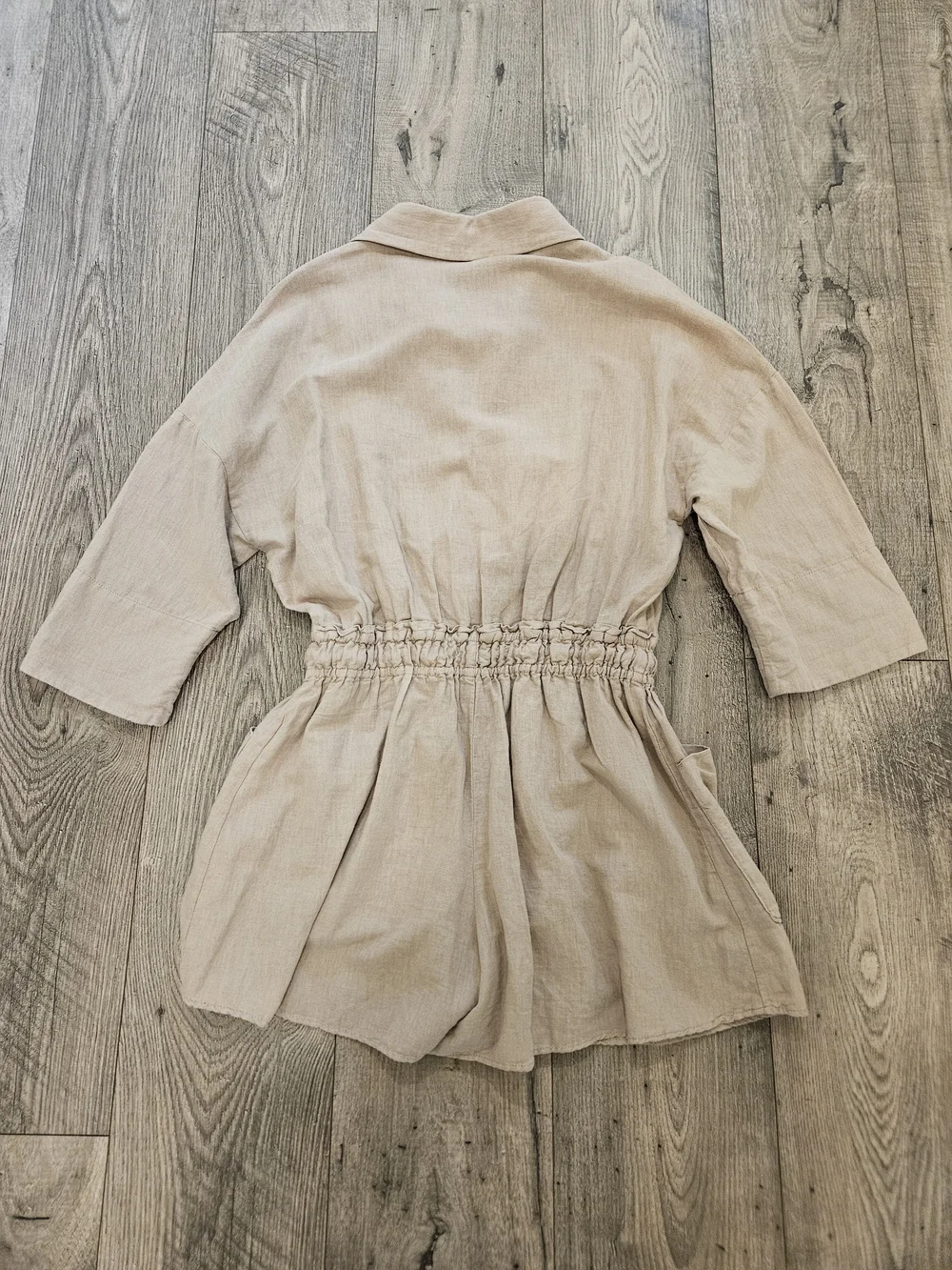 Zara Beige Linen Blend Safari Boho Short Sleeve Drawstring Romper Sz. M