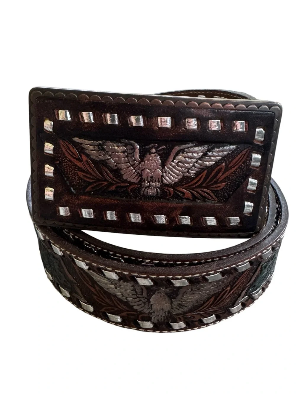 Fossil Western Leather Belt & Buckle Mens 38 EAGLE Tooled MB5804 Cowhide MotoFos